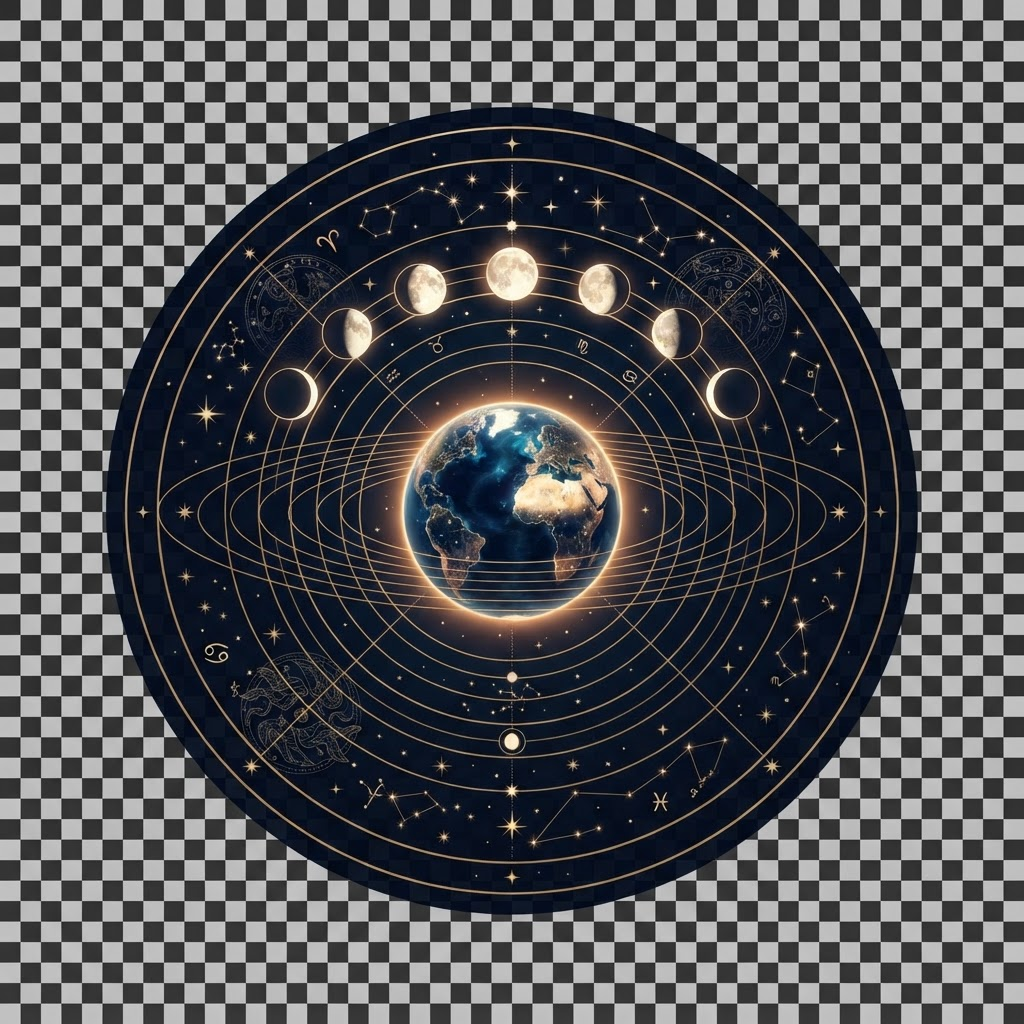 Earth surrounded by lunar phases and Nakshatra constellation points