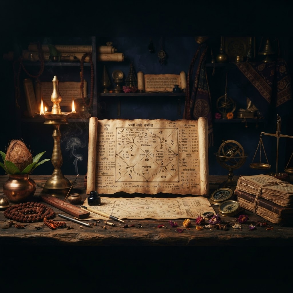 Vedic astrology chart and brass lamp