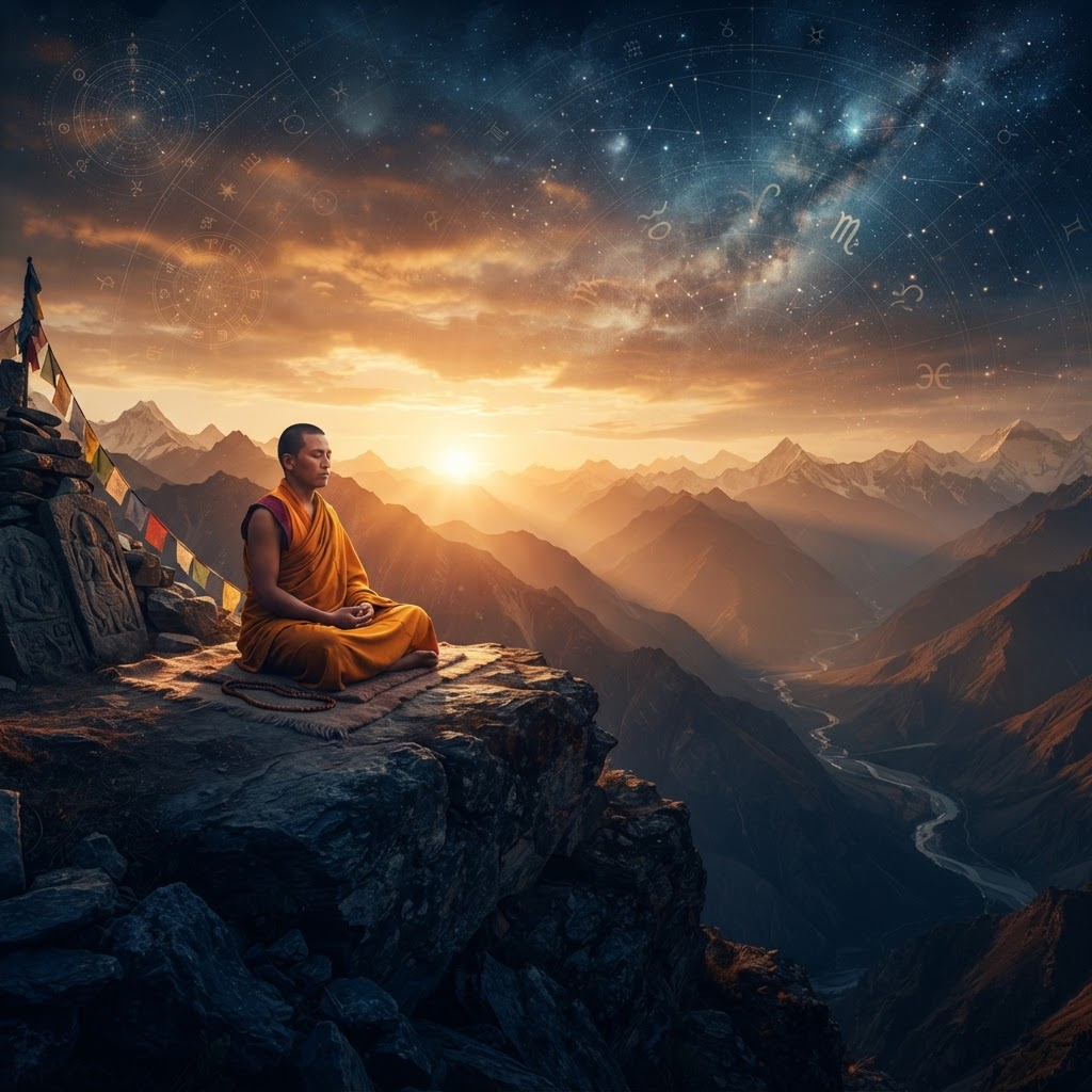 Meditator overlooking a mountain landscape